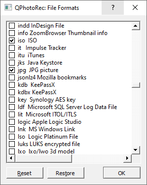 Formatos de arquivo PhotoRec 